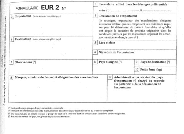 Certificat de circulation EUR2