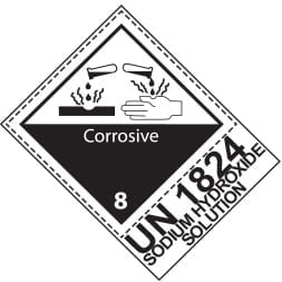 Etiquette de danger 10×13,3 cm en rouleau, classe 8 avec code ONU / désignation de transport et texte CORROSIVE